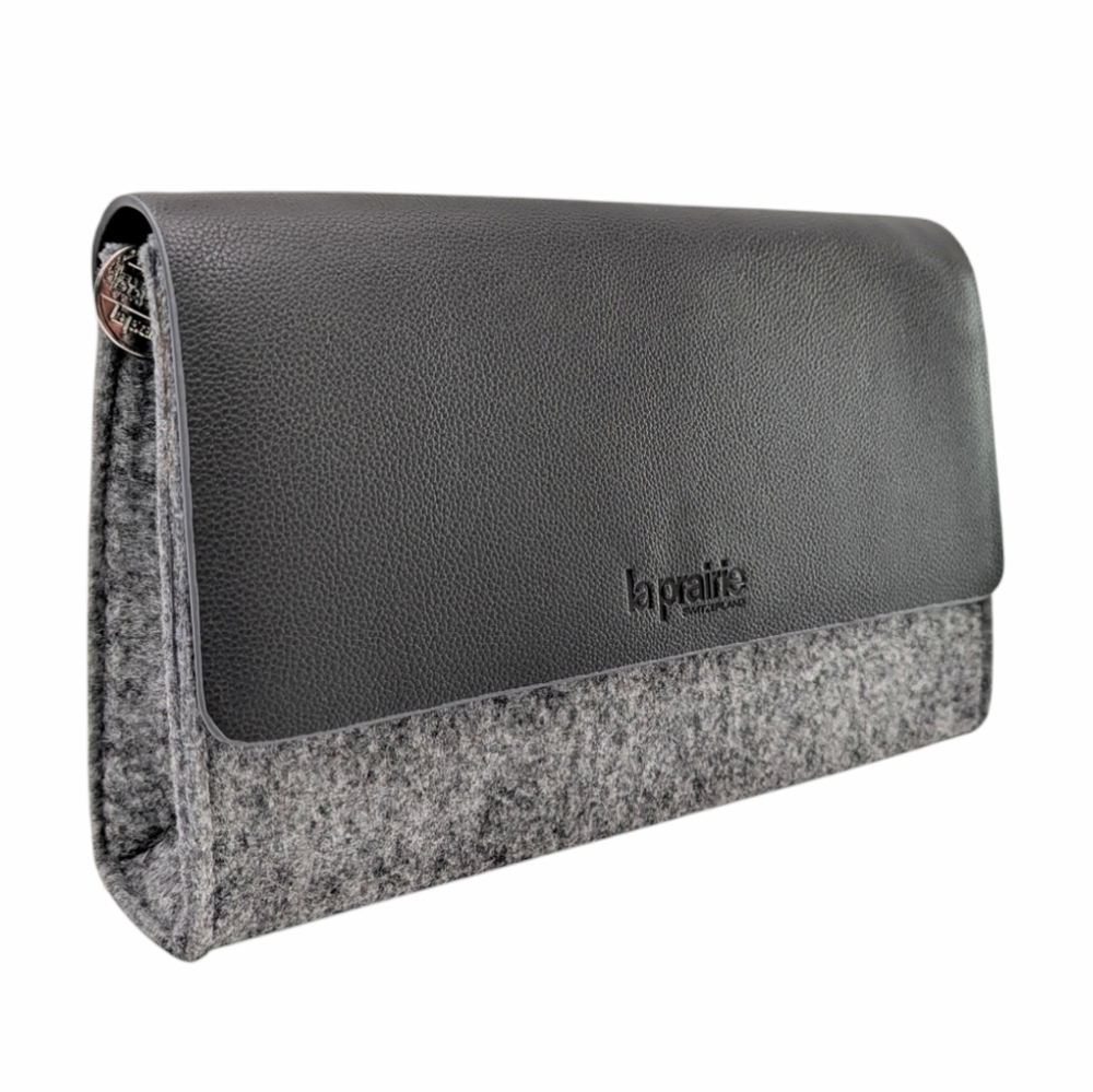 NWOT La Prairie Switzerland Make Up Bag Felt & Faux Leather Clutch Gray Neutrals